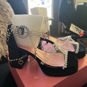 Dolls Kill Black and White Pearl Embellished Heels